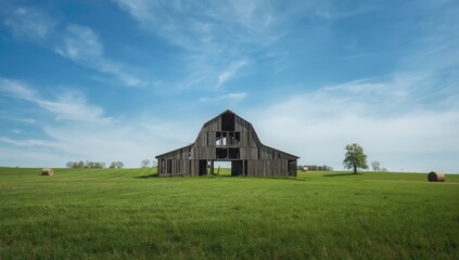 Fototapeta premium Dilapidated barn structure amid lush summer grass and trees, emphasizing natural decay and landscape preservation
