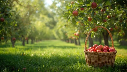 Red apples in a basket hanging from an apple tree, seasonal fruit gathering, World Food Day