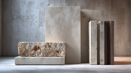 A still life of architectural elements in varying forms and textures against a textured backdrop