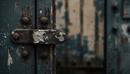 White peeling paint on metal door with rusty bolts and hinge, highlighting corrosion and industrial repair needs