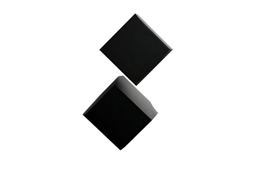Two overlapping 3D black rhomboid shapes on a solid black background, showcasing reflective surfaces