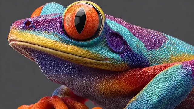 Tree frog with vibrant multicolored skin poses against a neutral gray background to highlight its unique biological patterns.
