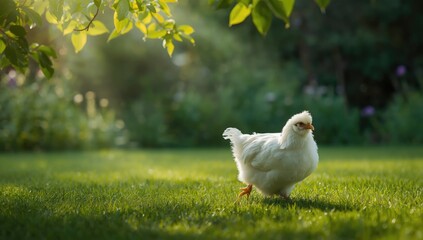 Silkie chicken foraging outdoors on a lush farm, highlighting organic free-range practices and natural behavior