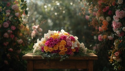 Wedding bouquet background with blooming roses, floral decoration for ceremony, summer event, natural floral art