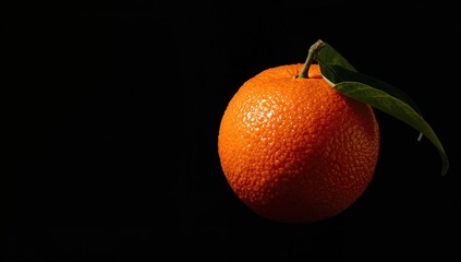 Detail of an orange with a green leaf against black background, suitable for nutritional analysis