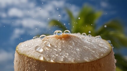 Close up of a fresh coconut top covered in water droplets with a blurred tropical palm tree and blue sky background
