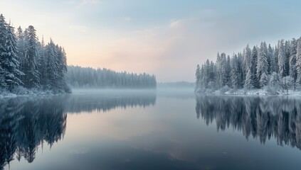 Frozen water body with mirror-like reflections of trees and sky during winter, highlighting seasonal transition