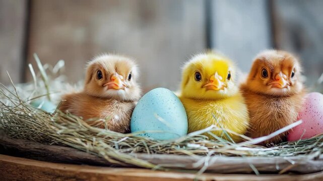A close-up shot of three fluffy chicks in a nest, with a colorful egg in between