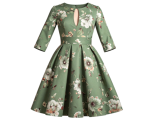Vintage Green Floral Dress in Retro Style, isolated on a transparent background