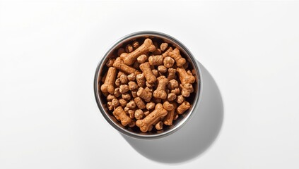 Fototapeta premium Top view of a dogs meal with brown biscuit bones and crunchy organic kibble pieces in a metal bowl, focused on nutrition analysis
