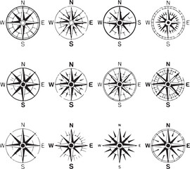 Fototapeta premium Vintage compass. Nautical wind rose, compasses for travel map, vintage marine navigation arrow symbols, retro outline vector set. Compass travel, old wind rose for sea adventure illustration