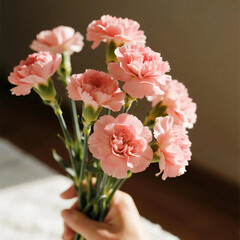 A bouquet of pink carnations perfect for Mother's Day. Gratitude. Surprise. Gift. Present.