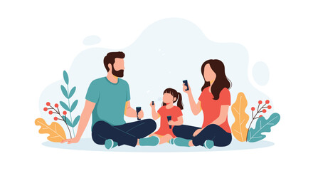 Fototapeta premium Happy family with a young daughter enjoys a sunny day at the park while sitting on the grass and playing with soap bubbles.