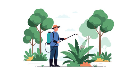 Agricultural worker wearing protective gear and a straw hat sprays liquid pesticide on crops in a field surrounded by green trees.