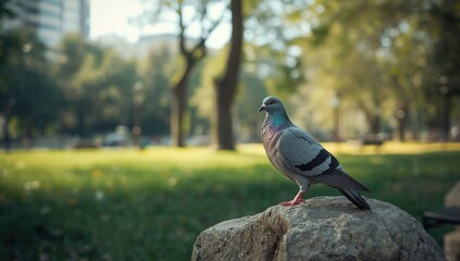 Wild pigeon perched on a branch, urban bird observation, emphasizing city bird behavior