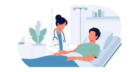 Obraz premium Professional female doctor in a white medical coat and stethoscope checks the heart rate of a young male patient in a hospital room.