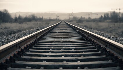 Monochrome image of railway tracks from a top-down perspective, illustrating transit pathways