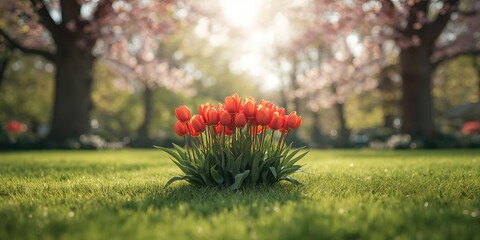 Cluster of red tulips blooming in a park setting in spring, highlighting seasonal renewal
