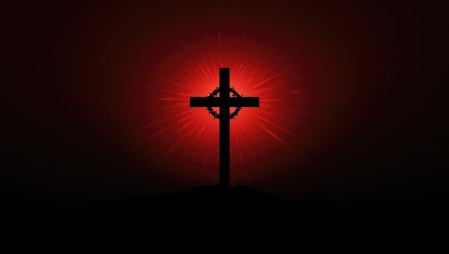 Cross and crown of thorns shadow with a red sun background, emphasizing themes of sacrifice and suffering, World Malaria Day