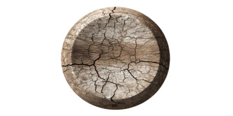 A round, aged wood texture with prominent cracks, isolated against a black background
