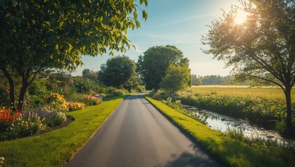 Obraz premium Serene street scene set among lush garden surroundings, water elements, and vibrant sky, highlighting springtime nature