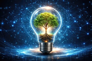 Innovation in corporate responsibility shown through a lightbulb with growing tree and digital blue network setting