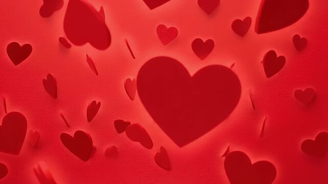A mesmerizing abstract animation showcases countless vibrant red hearts gently floating, appearing, and subtly glowing against a soft, undulating crimson background. This dynamic and romantic visual e