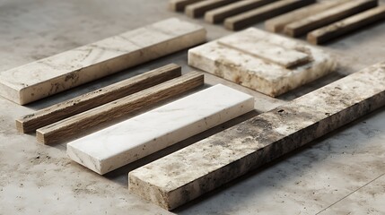 Various rectangular stone and wood tiles on a textured concrete surface