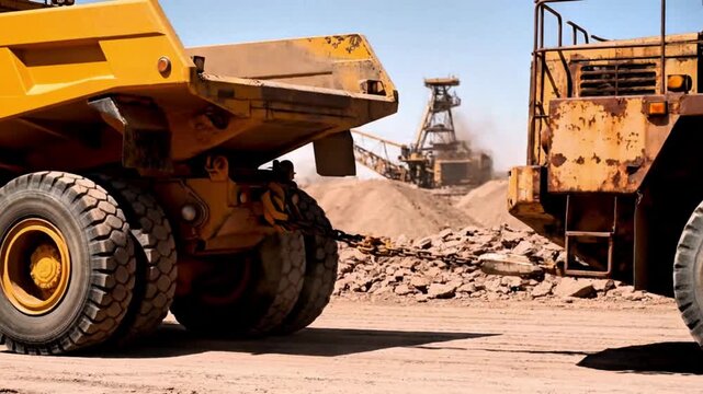 Video, mining activities, mining trucks pulling old and rusty mining trucks, damaged, gold mining, coal mining, rare earth mining