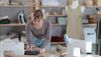 Female dressmaker working on digital sketch of dress in workshop