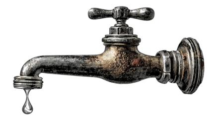 Close-up view of an aged, metallic faucet with a single drop of water suspended