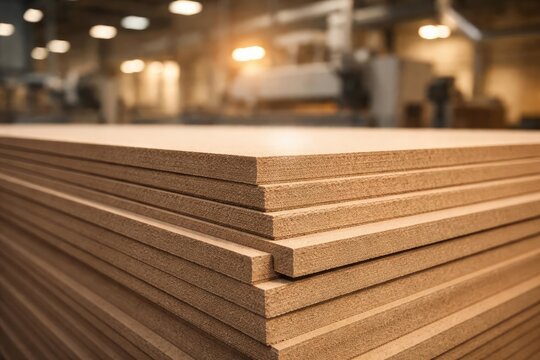 Stacked MDF sheets under detailed view in a modern wood production environment with soft blurred background machinery
