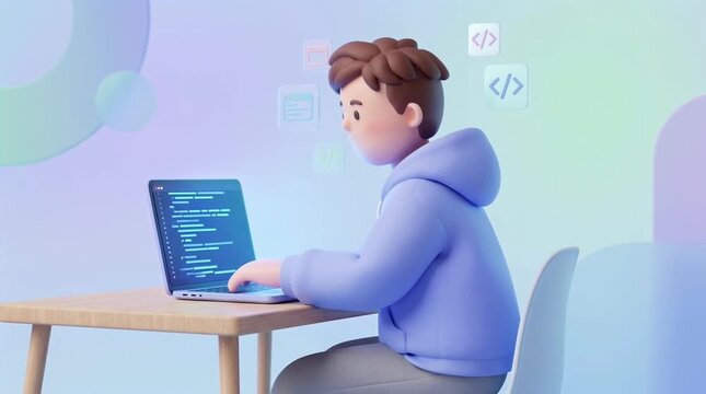 Young boy coding on a laptop with colorful abstract shapes in the background