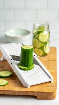 Fresh cucumber slicing on mandoline for shakeable cucumber salad preparation, crunchy snack cucumbers on cutting board, quick salad prep, deli container greens, sesame cucumber ingredients