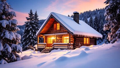 Cozy Log Cabin in Snowy Mountain Landscape at Dusk.