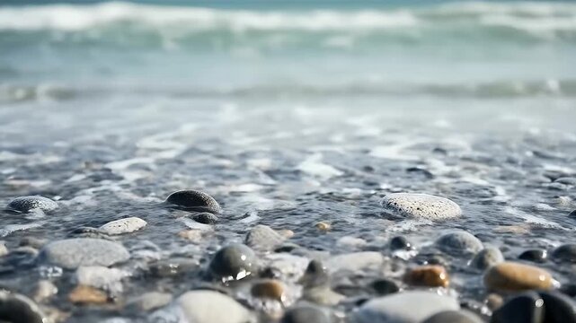 A mesmerizing close-up shot captures the gentle ebb and flow of crystal-clear ocean waves washing over a vibrant array of smooth, wet pebbles on a tranquil beach. The water recedes, revealing the glis