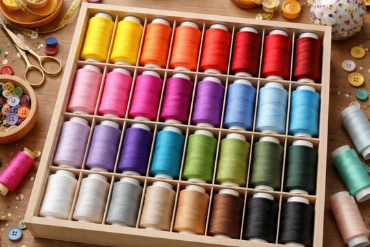 Thread reels in various vivid colors sorted in a craft box