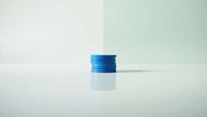 Closeup of blue poker chips stacked, background designed for gambling layout or gaming interface