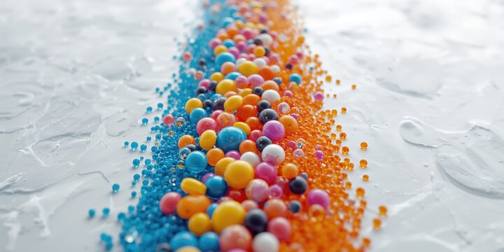 Color-infused polymer masterbatch granules arranged with color chips on white background for industrial plastic products display