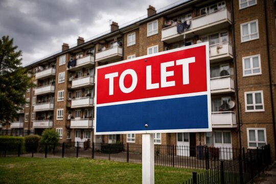 A to let sign displayed prominently in front of urban council housing flats under a cloudy sky