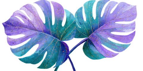 A vibrant watercolor illustration of two split-leaf monstera leaves in shades of teal, purple, and blue