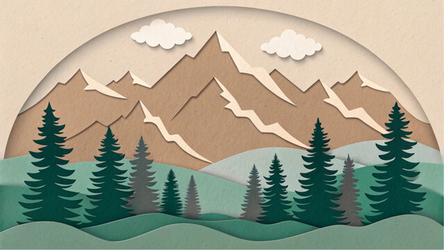 Simple paper cut landscape of mountains and forest in earth tones.