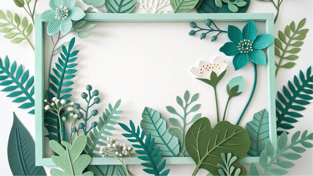 Detailed paper cut frame with fern leaves and delicate spring flowers.