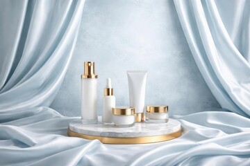 Fototapeta premium Luxurious fabric draped display with cosmetic presentation space on a pale blue textured background