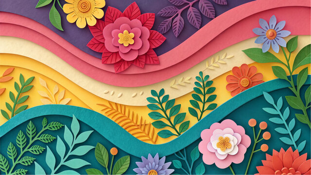 Colorful paper craft floral composition on vibrant wavy backgrounds.