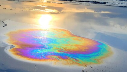 Iridescent Oil Slick on Beach Sand Reflecting Sunlight.