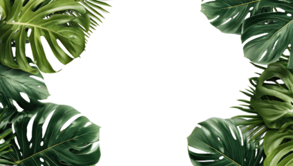 Lush, verdant Monstera leaves frame a black void, creating a striking tropical composition