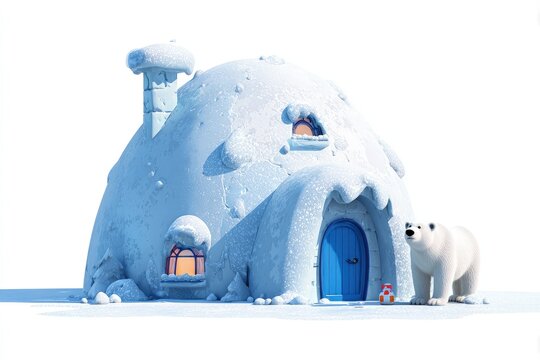 Cartoon igloo house with snow-dusted roof icy blue details and friendly polar bear neighbor isolated on white background