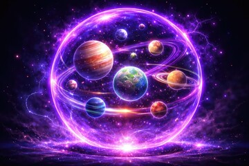 Distinct planets revolving inside a bright purple globe