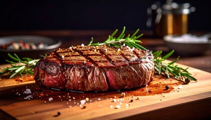 Juicy Grilled Steak with Rosemary and Coarse Salt on a Wooden Board.
